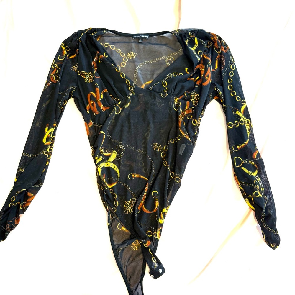 Fashion Nova Black and Gold Chain Bodysuit